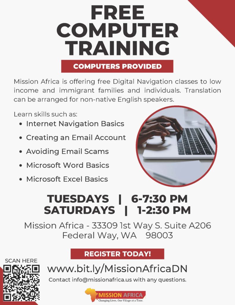 Free computer training by Mission Africa flyer